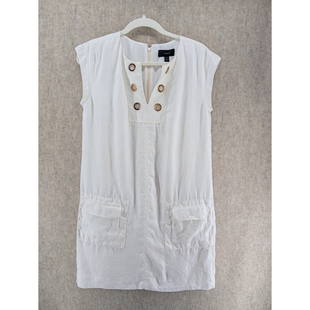 J.Crew Off White 100% Linen Grommet V-Neck Shift Dress Sleeveless F1836 Size 4